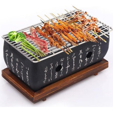 Japoniškas BBQ grilis, 24 x 12 x 11 cm mini anglių stalo grilis su grotelėmis ir mediniu pagrindu, stačiakampė nešiojama japoniška anglių krosnelė, stovyklavimo viryklė Yakiniku, Takoyaki, ungurių teriyaki
