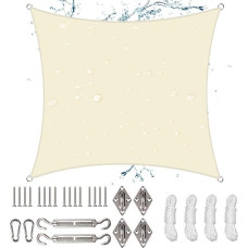 NAKIHOUSE Vandeniui atspari saulės atspalvio burė su virvės tvirtinimo rinkiniais, 3x3 m kvadratinė saulės burė su 98 % UV spindulių bloku, skirta sodo terasai (kreminė)