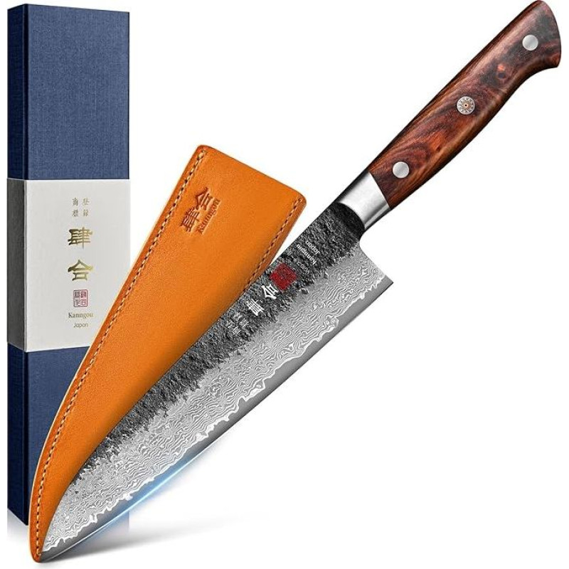 kanngou Damast Küchenmesser 21 cm Gyuto Kochmesser, Extra Scharfes Japanisches Messer aus VG-10 Stahl mit Ergonomischem Pakkaholzgriff Robustem Full-Tang-Design und Geschenkbox