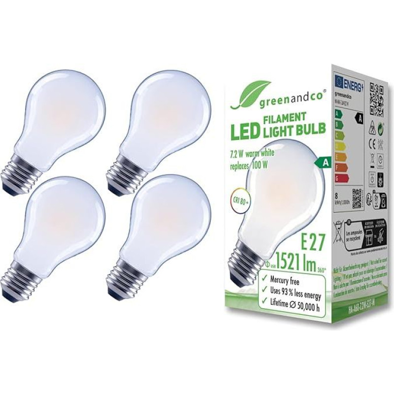 greenandco 4x Filament LED Light Bulb, Matt, E27 A60, 7.2 W, 1521 lm, Replaces 100 W, 3000 K Warm White, 320°, 230 V, Flicker-Free, Energy Efficiency Class A, Not Dimmable