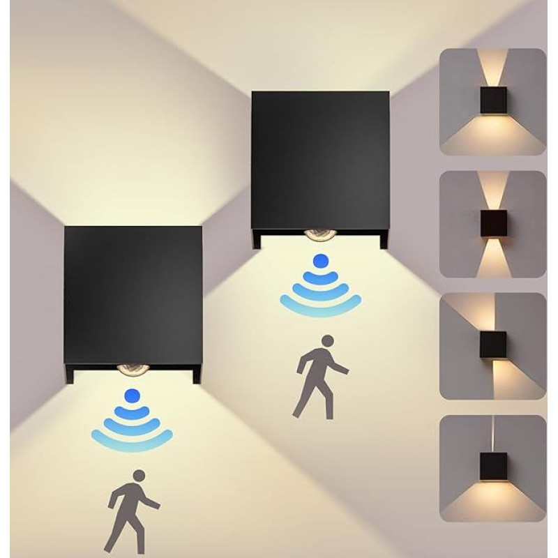 OTeedo Outdoor Wall Light with Motion Sensor, 12 W LED Aluminium Wall Light Indoor/Outdoor, Up Down Lights, Adjustable Beam Angle, 3000 K, Warm White Wall Lighting, IP65, Black Wall Lamp, Pack of 2