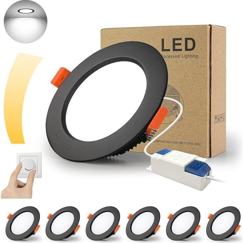 BAGZY LED įleidžiami taškiniai šviestuvai, reguliuojamas apšvietimas, 230 V, juodi taškiniai šviestuvai, plokšti, 7 W, IP44, vonios kambario įleidžiami šviestuvai, lubų taškiniai šviestuvai, 700 lm, šaltai balta, 6000 K, įleidžiami taškiniai šviestuvai vo