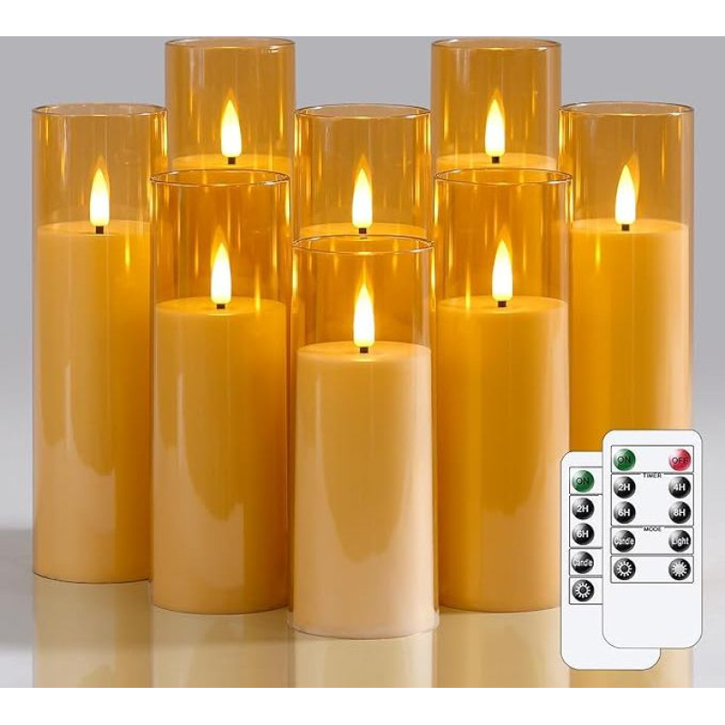 Wroxipel Pack of 8 Flameless Flickering 5.5 cm x 12.5 cm 15 15 15 17.5 17.5 17.5 20 20 cm Gold LED Plastic Candles with Remote Control Battery Operated Candles with Timer Function