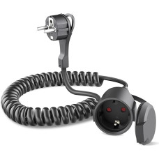 Spiralinis kabelio ilgintuvas, 8 m ilgio tempiamas spiralinis kabelis, apsauginis kontaktinis spiralinis kabelis, tempiamas iki 8 m, įžeminimo kontaktinis kištukas, įžeminimo kontaktinė jungtis, IP20, juodas