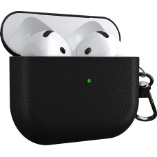 MyGadget Faux Leather Case Compatible with Airpods 4 (2024) - Case [Qi Compatible] - Robust & Shockproof Bumper with Carabiner in Black