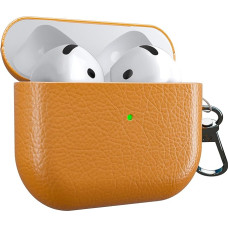MyGadget Faux Leather Case Compatible with Airpods 4 (2024) - Case [Qi Compatible] - Robust & Shockproof Bumper with Carabiner in Light Brown