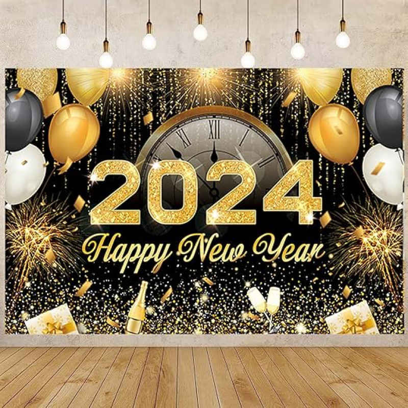 2024 Happy New Year Banner with String Large New Year Indoor Photo Backdrop Wall Decoration for New Year's Eve Party Supplies (180 x 115 cm)