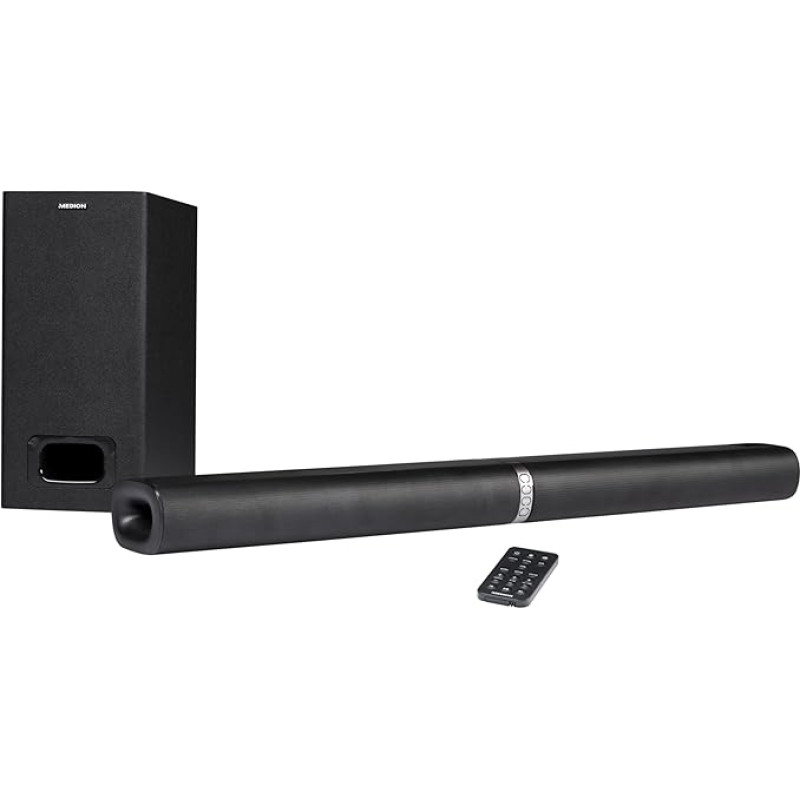 Medion 2-in-1 Convertible Bluetooth TV Soundbar with Subwoofer (2.1 Soundbar, up to 2 x 30 Watt 60 Watt Subwoofer, Wall Mount, NFC, HDMI ARC with ECC, AUX, Optical Input)
