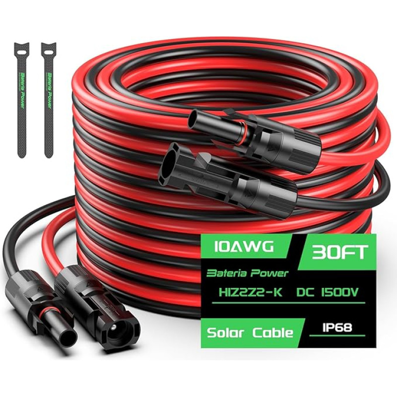 Bateria Power 2 Pack 3ft 10AWG Solar Panel Extension Cable PV Wire with Waterproof Connectors for RV Photovoltaic Systems