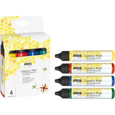 KREUL 49755 Žvakių rašiklių rinkinys, 4 vnt., geltonas, raudonas, mėlynas, žalias, po 29 ml, plonas dažymo antgalis, spalvos su bičių vašku, skirtos žvakėms dekoruoti ir dažyti