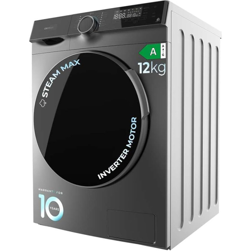 Cecotec Waschmaschine 12 kg Bolero DressCode 121000 Steel A Essential, maximal einstellbare 1400 rpm, 2000 W, WoolMark Zertifizierung, Inverter Plus Motor, 14 Programme, Spa Care, Delay Start