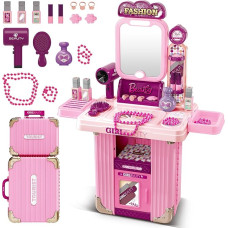 deAO Children's Dressing Table for Girls, 2-in-1 Children's Dressing Table with Music and Light, 18 Pieces, Princess Beauty Studio, Children's Make-Up, Hairdresser Set for Children from 3 Years