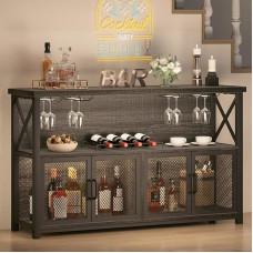 LVB vyno baro spintelė, pramoninė kavos baro spintelė, skirta alkoholiui ir stiklinėms, šiuolaikinė lentyna su laikymo lentyna, kaimiškas likerio namų baras virtuvėje, valgomajame, svetainėje, tamsiai pilkas ąžuolas, 47 coliai