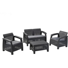 Keter Corfu Outdoor 4 Seater Rattan Sofa Furniture Set with Accent Table - Graphite with Cream Cushions