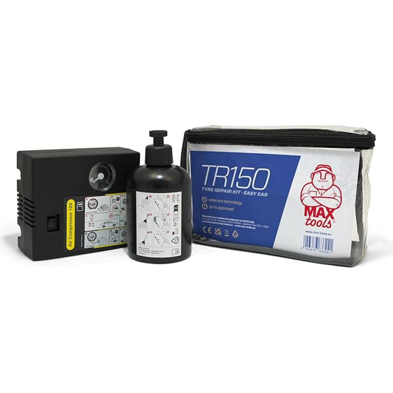 MAXTOOLS TR150 Easy Car Tyre Repair Kit Motorcycles Small Commercial Vehicles Includes Powerful 12V Air Compressor Trolley