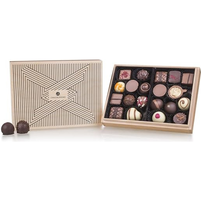 Premiere Midi - Tribar - 20 elegantiškų šokoladinių saldainių medinėje dėžutėje | Dovanos | Moterys | Vyrai | Motinos diena | Tėvo diena | Vestuvės | Vyras | Moteris | Dovanų idėja | Kalėdos | Valentino diena | Mama | Tėtis