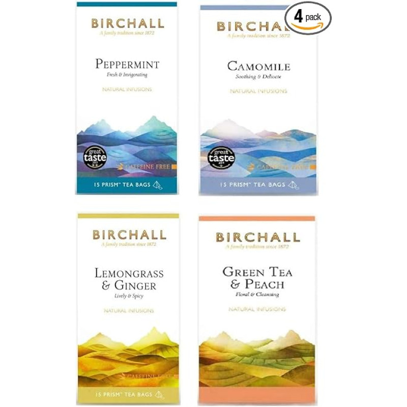 Birchall Tea - Packung mit 4 Teebeuteln mit Aromen von Pfefferminze, Kamille, Zitronengras und Ingwer sowie grünem Tee und Pfirsichtee, 60 Beutel, frei von Prismen-Teebeuteln - ein köstlicher und