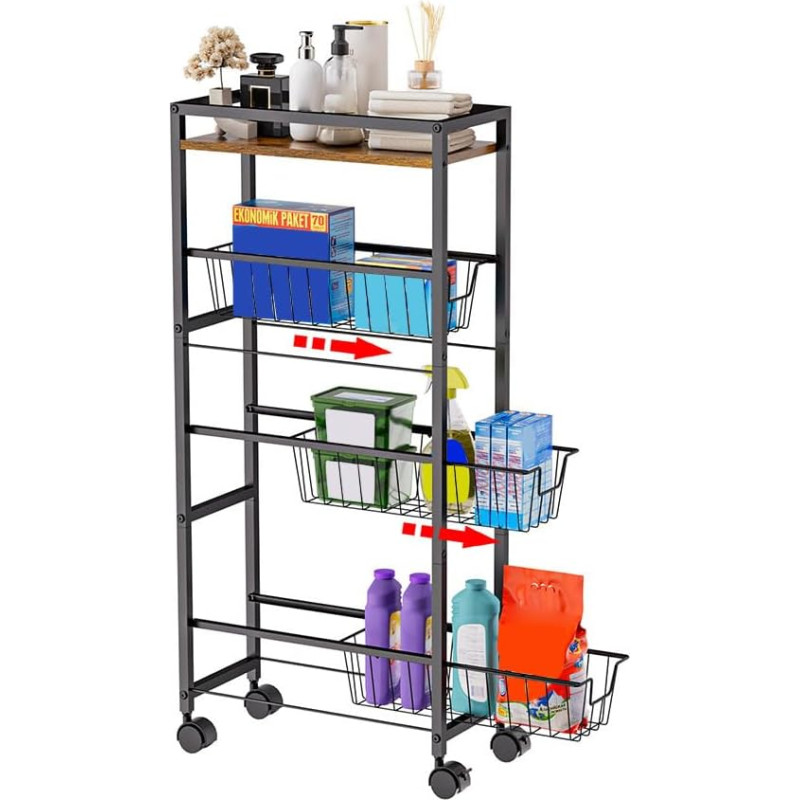 4 Tier Metal Rolling Trolley with Drawers, Kitchen Trolley Slim Serving Trolley with Wheels, Recess Shelf Storage Trolley, Multifunctional Basket Stand for Kitchen, Bathroom, Restaurant, Hotel, Black