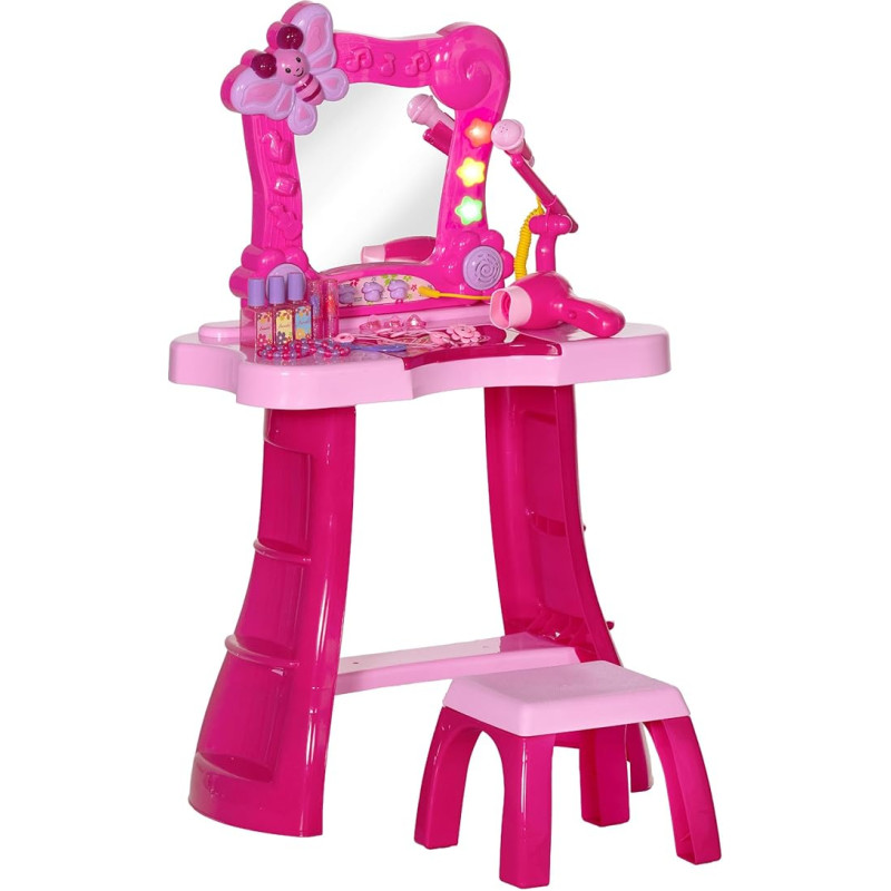 AIYAPLAY Vaikų tualetinis staliukas su taburete ir veidrodžiu, šviesa, muzika, mikrofonu, plaukų džiovintuvu, laikymo vieta, skirtas mergaitėms nuo 3 iki 6 metų, rožinės spalvos, 15 vnt.