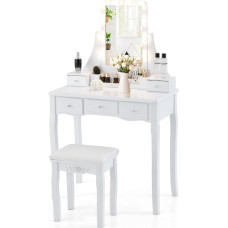 COSTWAY Dressing Table with LED Lighting, Adjustable Brightness, Dressing Table with 5 Drawers, Stool and 360° Rotating Mirror, Cosmetic Table for Bedroom (White)