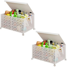 Caluself Toy Box with Lid, Foldable Sturdy Metal Toy Storage Boxes Baskets, Children's Tidy Container for Children, Baby Room, Playroom (60 x 32 x 42 cm)