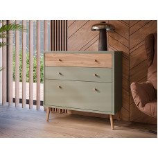 Forte Harllson Easy Assembly EasyKlix Chest of Drawers with 3 Drawers, Sage with Wood Decor: Mauvella Oak, Scandinavian Modern Style, Sideboard 90 cm Wide x 86 cm High x 41 cm Deep