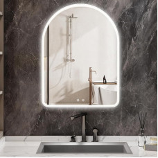 Bathroom Mirror with Lighting, 80 x 60 cm, Bathroom Mirror with COB Light and Anti-Fog, Aluminium Frame, Dimmable, 3 Light Colours, Curved Wall Mirror, Bedroom Mirror