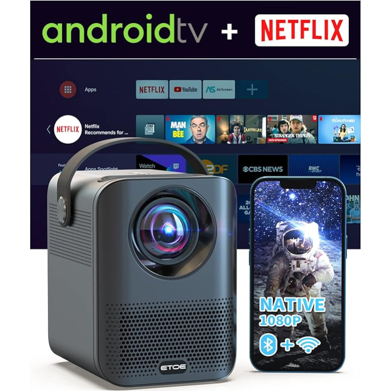 ETOE D2 Pro projektorius, 1080P FHD projektorius, 400 ANSI liumenų, 