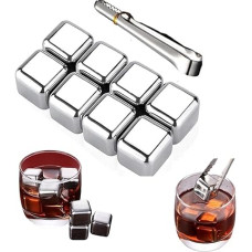 OHREN 8 Piece Reusable Stainless Steel Ice Cube Set with Clips, 304 Stainless Steel Whisky Stones for Wine, Vodka, Liquor, Juice or Lemonade