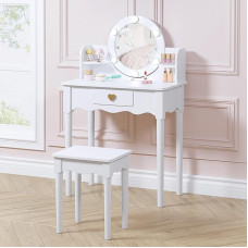 UTEX Vaikų tualeto reikmenų rinkinys su veidrodžiu, taburetėmis ir šviestuvais, tualetinio staliuko ir kėdės rinkinys, medinis princesės makiažo stalas, tualetinis staliukas, baltas