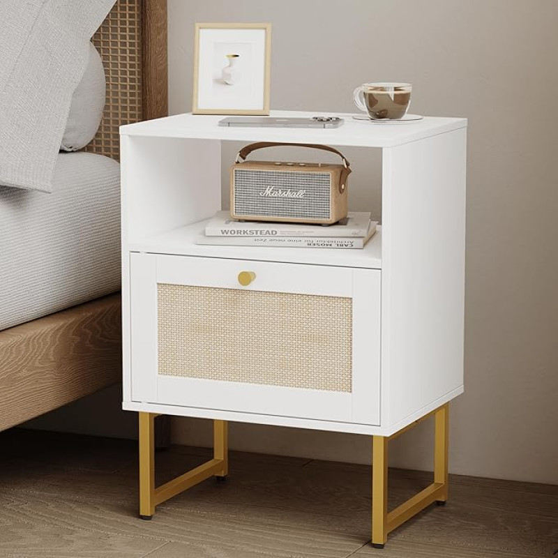 JERX Wicker Bedside Table, Country Style Side Table with Drawer and Open Storage Compartment, Modern Small Side Table with Gold Metal Frame for Bedroom (White, Cabinet Door)