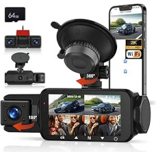 CAMECHO 4 objektyvų 2K/1080P Mini Dash Cam, 4 kanalų judesio stebėjimo kamera su 3 colių ekranu, integruotu WiFi GPS, ADAS, super naktiniu matymu, kilpos įrašymu, 24 valandų stovėjimo režimu + 64 GB atminties kortelė