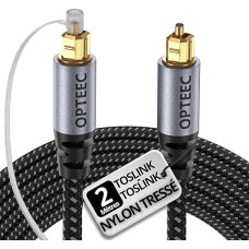 Opteec® Optical Audio Cable - 2m - TOSLINK Optical Audio Cable for Home Cinema Soundbar TV Samsung Bose LG Sony Sony PS4 Xbox - Braided Nylon Reinforced - Gold Plated Connector (2m)
