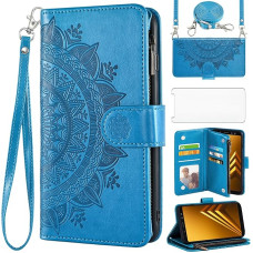 Asuwish Mobile Phone Case for Samsung Galaxy A8 2018 Duos Case with Strap and Film Protective Film Card Slot Foldable Leather Flowers Wallet Stand A530 A530F SM-A530F Mobile Phone Cases Protective