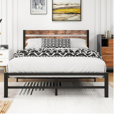 VERFARM modernus metalinis lovos rėmas, metalinis lovos rėmas su mediniu galvūgaliu, lovos rėmas su skersiniais rėmais miegamajam, svečių kambariui, lengvai surenkamas, 140 x 200 cm, juodas/rudas