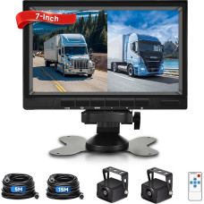 Dvigubos atbulinės eigos kameros rinkinys su 7 colių HD monitoriumi, 1080P 2 atbulinės eigos kameros, atsparios vandeniui IP68 / spalvotas naktinis matymas / 170° platus kampas / vaizdo atlenkimas, skirtos sunkvežimiams, kemperiams, autobusams, lengviesie