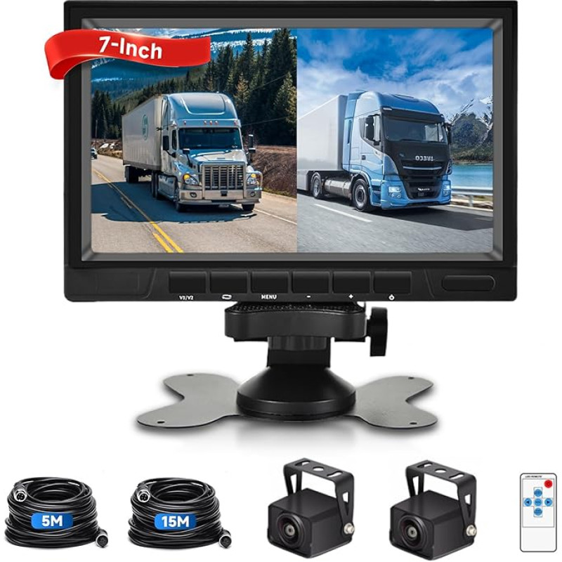 Dvigubos atbulinės eigos kameros rinkinys su 7 colių HD monitoriumi, 1080P 2 atbulinės eigos kameros, atsparios vandeniui IP68 / spalvotas naktinis matymas / 170° platus kampas / vaizdo atlenkimas, skirtos sunkvežimiams, kemperiams, autobusams, lengviesie