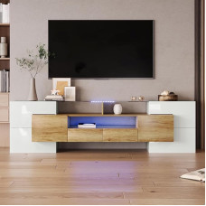 LUTUTU Stylish TV Cabinet 200cm Lowboard High Gloss White LED Lighting Living Room Furniture Modern Design Elegant Glass Surface (High Gloss White and Wood Colour)