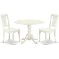 East West Furniture DLAV3-LWH-W 3-teiliges Esstisch-Set für kleine Räume, enthält einen runden Esszimmertisch mit Dropleaf und 2 Holzsitzstühlen, 106,7 x 107,7 cm, Leinenweiß