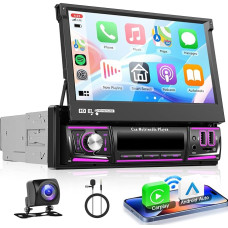 VECHTEL 2+64G Android 15 Car Radio 1 DIN with Wireless Carplay Android Car, 7 Inch IPS HD Manual Flip Touchscreen Car Radio, Support DAB+ Bluetooth FM RDS GPS Wi-Fi USB/Type C Reversing Camera