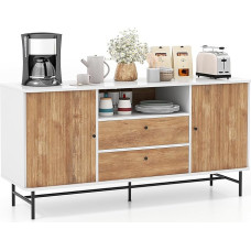 COSTWAY Medinė bufetinė spintelė su stumdomomis durimis ir 2 stalčiais, bufetas su metalinėmis kojelėmis ir apsauga nuo pakreipimo, moderni TV spintelė virtuvėje, valgomajame, svetainėje, balta + natūrali, 150 x