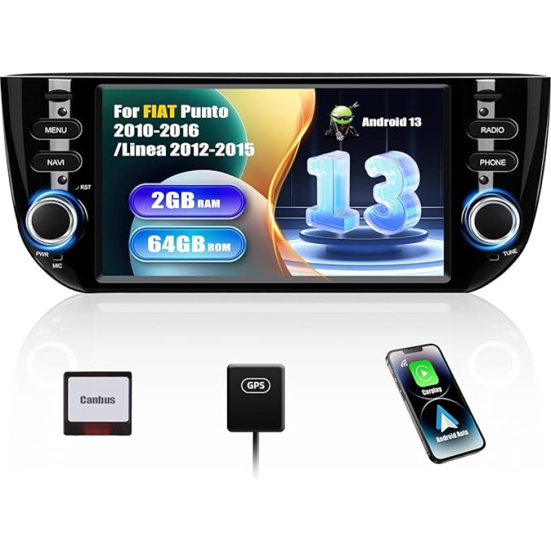 [2+64G] SIXWIN Android 13 automobilinis radijo imtuvas Punto (2010-2016)/Linea (2012-2015) su Carplay/Android Auto/Mirrorlink, 6,2 colių talpus jutiklinis ekranas Palaiko WiFi GPS FM Bluetooth EQ