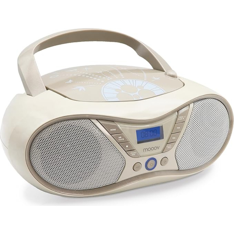 MOOOV Soft Grey Portable CD Player, CD-R/CD-RW/CD-MP3 Playback, FM Radio, USB Port, Stereo Sound 6W, Ergonomic Handle, Mains Powered or Batteries - 477403