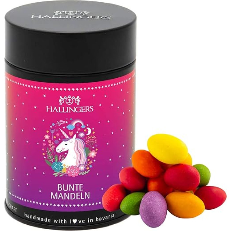 Hallingers Unicorn – Colourful Gourmet Almonds, Roasted, Chocolate and Colourful Dragged (Tin) – Gift in Summer & as a Perfect Barbecue Gift | Birthday Congratulations Thank You New Home Recovery