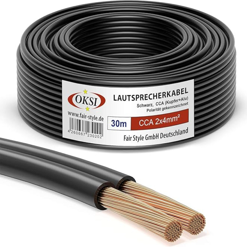 OKSI Speaker Cable 2 x 4 mm² 30 m Black CCA (Copper + Aluminium) for HiFi, Connection of Audio Stereo to Amplifier, Surround Sound System, TV Home Cinema and Car Radio