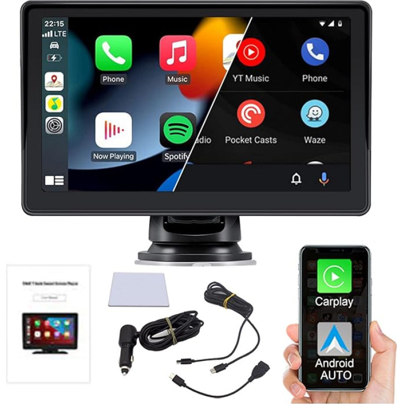 Car Radio Portable Wireless Apple CarPlay and Android Car, 7 Inch IPS Touch Screen Car Audio Receiver, Supports Bluetooth, FM, GPS, Mirror Link