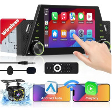 Hikity 5 Inch Car Radio 1 DIN Wireless Carplay Android Car, Touchscreen Car Radio with Screen Mirror Link Bluetooth Hands-Free Kit 2USB Type-C Reversing Camera