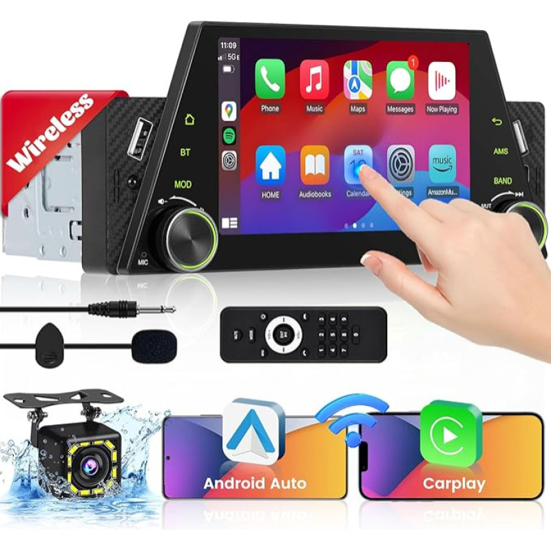 Hikity 5 Inch Car Radio 1 DIN Wireless Carplay Android Car, Touchscreen Car Radio with Screen Mirror Link Bluetooth Hands-Free Kit 2USB Type-C Reversing Camera