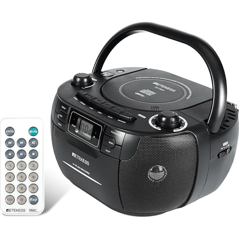 Retekess TR621 Portable CD Radio, Cassette Player CD, Stereo with AM FM Radio, Cassette Recorder, Supports USB/TF/Headphones, with Remote Control (Black)