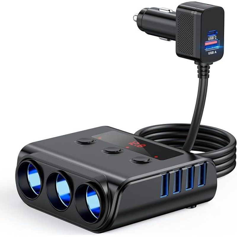 Cigarette Lighter Splitter 180 W Car Charger with 5 USB Ports, 12 V/24 V Distributor Car Charger Adapter Triple Socket LED Voltmeter with Separate Switch for Mobile Phone GPS Dash Camera Seat Heating